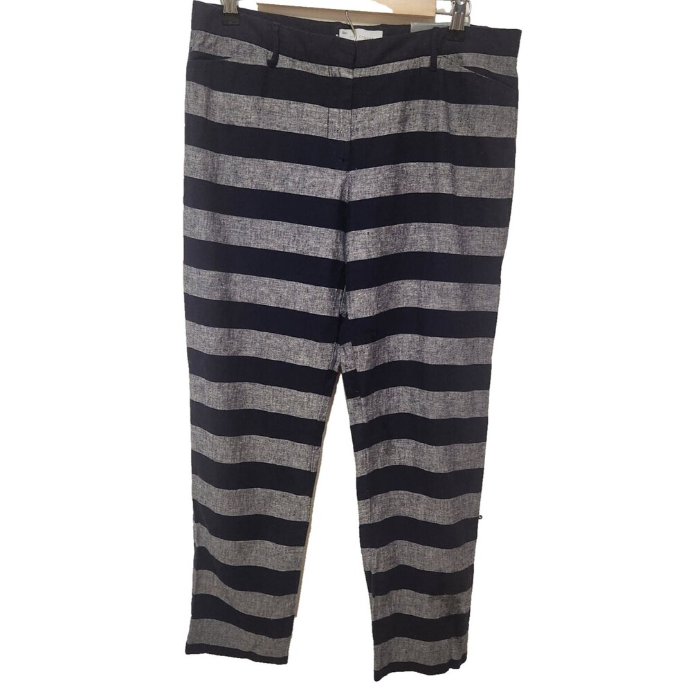 Gap Slim Cropped Pants Linen/Cotton Blend Womens Gray Blue Rugby Striped Size 6